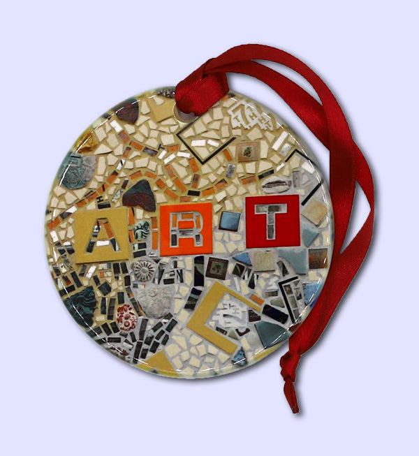 2.75" diameter round porcelain ornament with 4" red ribbon loop. Front side features mosaic, "Art," by Isaiah Zagar. 