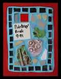 Mosaic art piece with colorful tiles on  blue grout and a red border, featuring a tile that reads 'Painted Bride 91-99'.