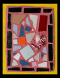 Small mosaic with colorful tiles on pink grout with a yellow border
