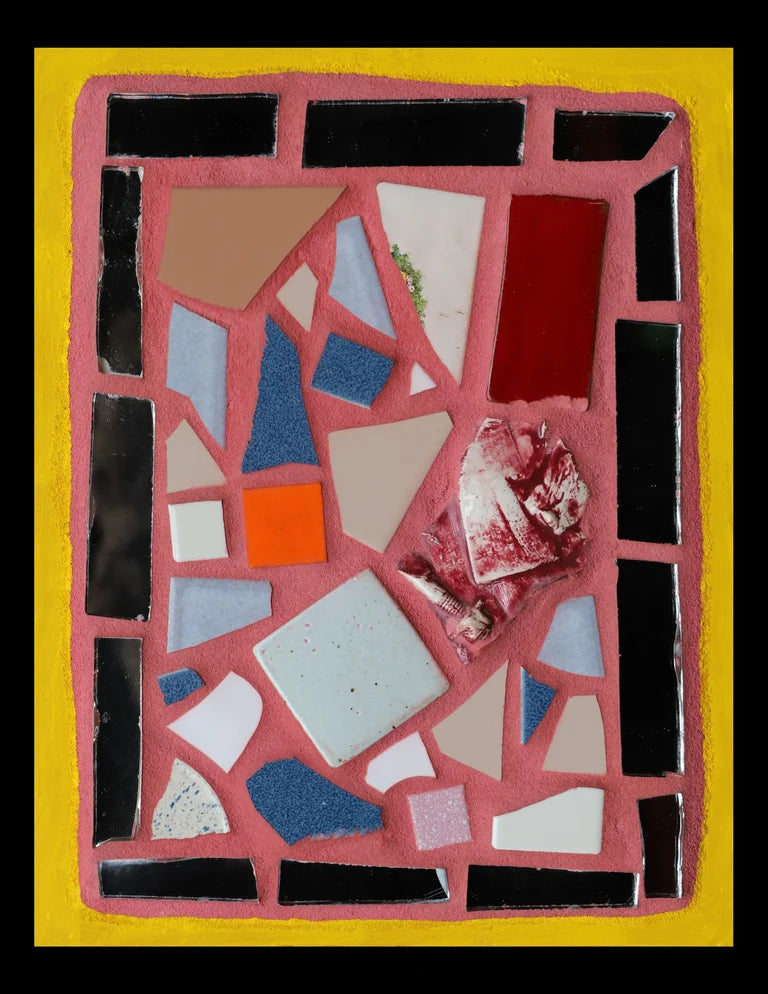 Small mosaic with colorful tiles on pink grout with a yellow border