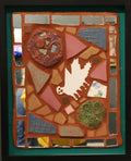 Framed mosaic with a white bug-like creature tile and various tiles and mirrors with a green border.