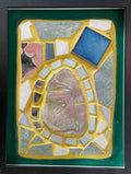 Framed mosaic with colorful tiles on yellow grout with a green border.
