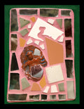 Small framed mosaic with tiles and mirror pieces on pink grout with a green border.