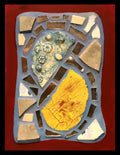 Small mosaic with colorful tiles and mirror pieces on blue grout with a red border.