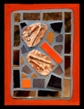 Small mosaic with colorful tiles and mirror pieces on blue grout with an orange border.