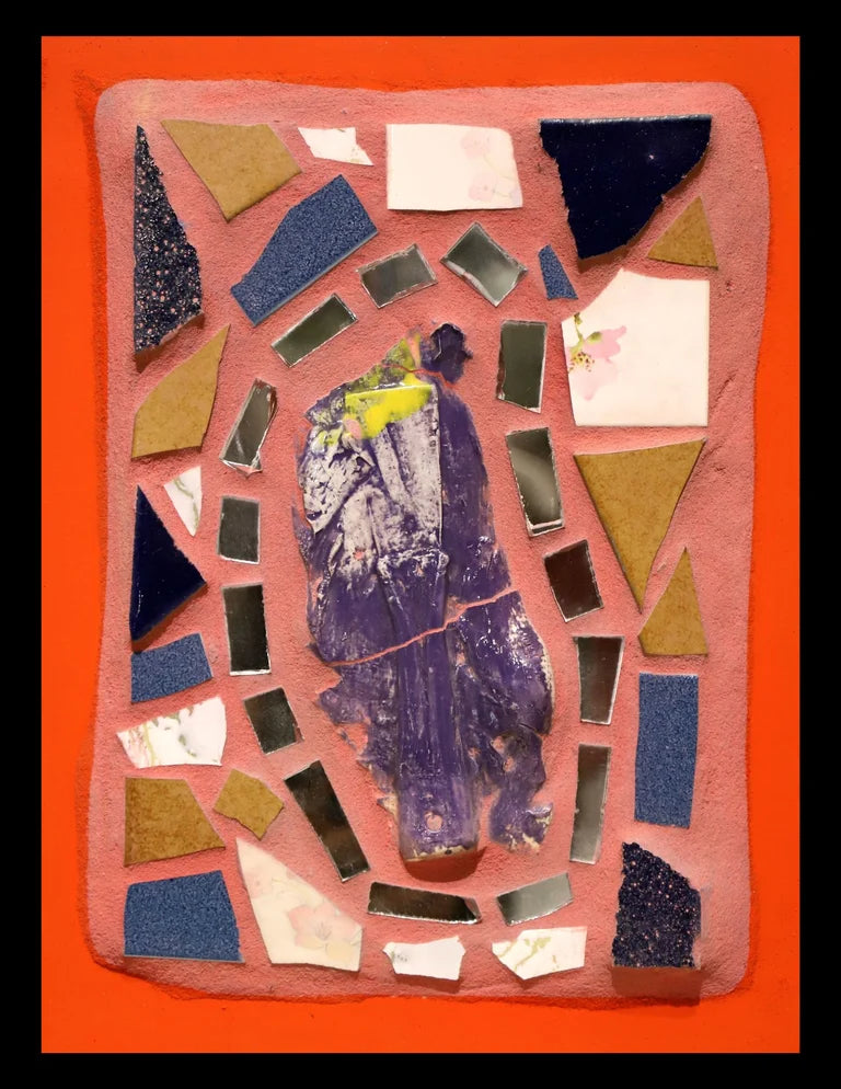 A small mosaic with colorful tiles and mirror pieces on pink grout with an orange border.