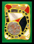Small mosaic with colorful tiles and mirror pieces on yellow grout with a green border.