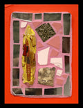 Small mosaic with colorful tiles and mirror pieces on pink grout with an orange border.