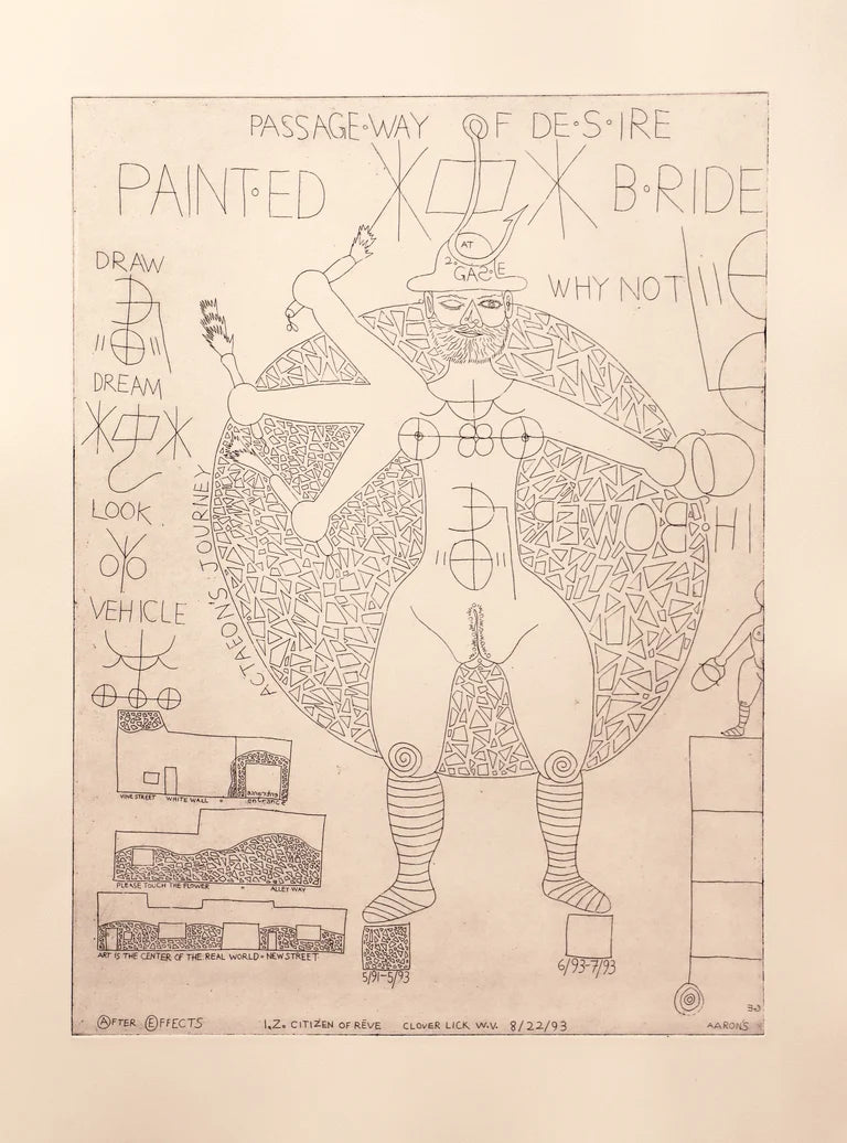 Etching of Isaiah Zagar with text and symbols 