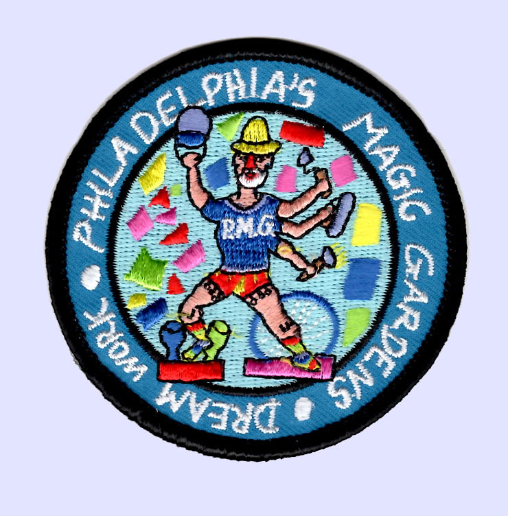 Circular patch with colorful image of Isaiah Zagar and text that reads "Philadelphia's Magic Gardens, Dream Work."