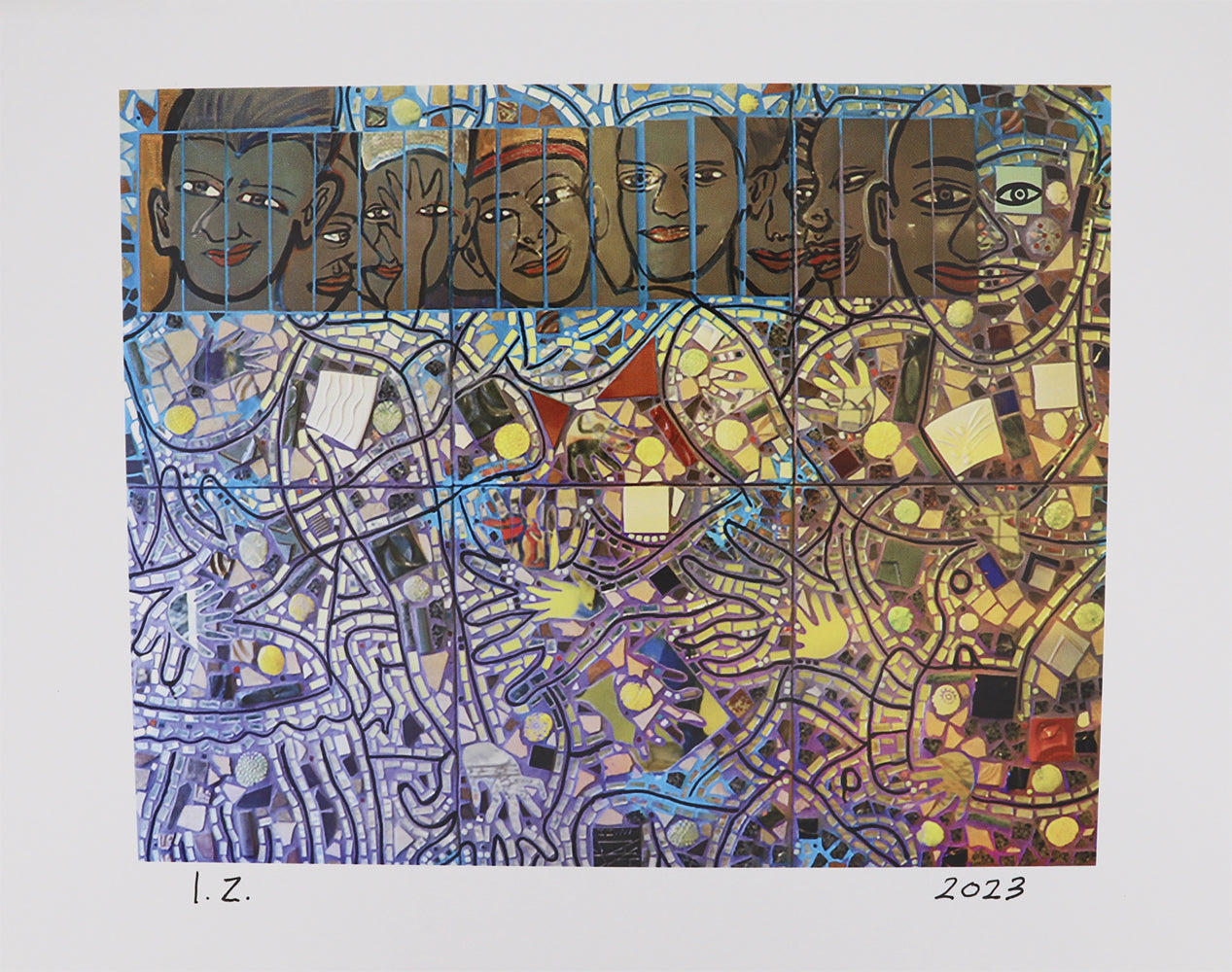 Signed 8.5" x 11.5" print of a mosaic by Isaiah Zagar that features a row of people.
