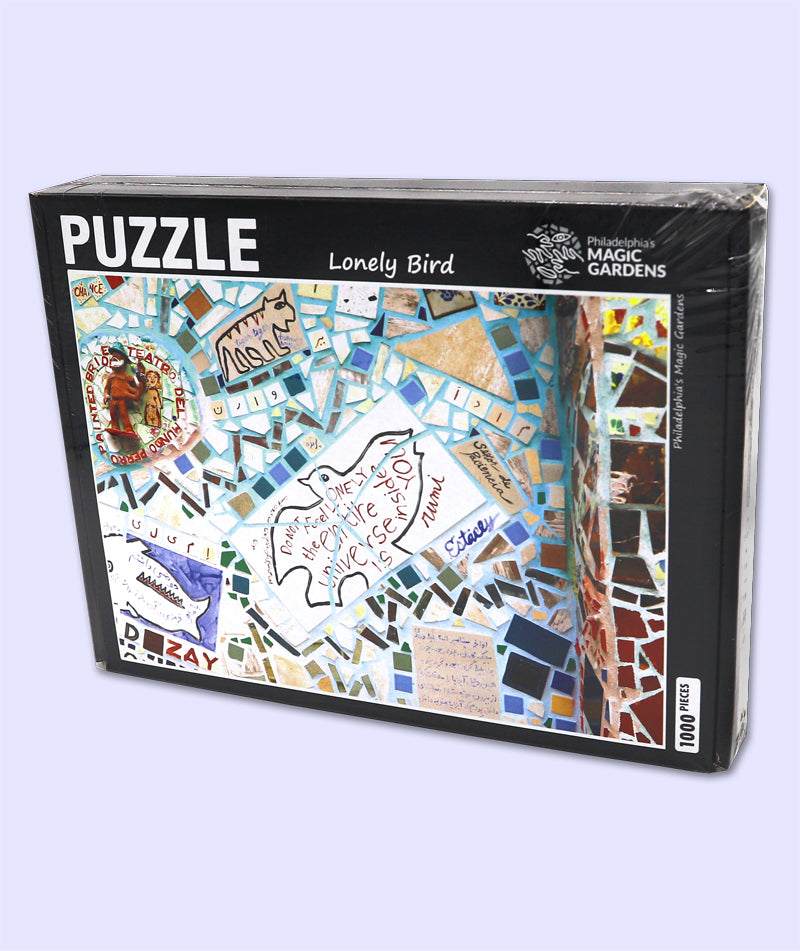 Puzzle box with 'Lonely Bird' mosaic design.