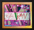 Framed mosaic with colorful tiles and the word 'RAIN' on a pink background.