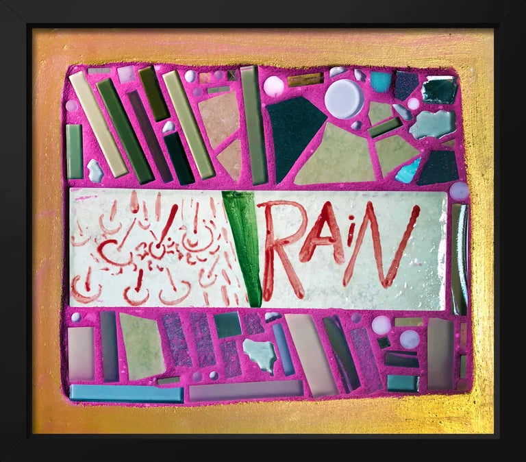 Framed mosaic with colorful tiles and the word 'RAIN' on a pink background.