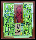Mosaic artwork with a central figure  on a green and brown background