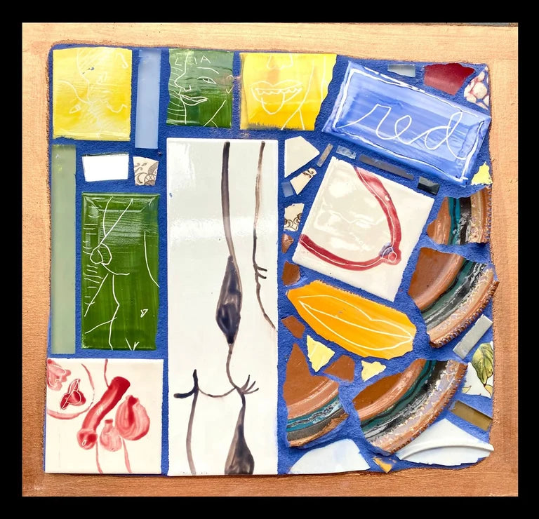Small mosaic with colorful tiles, some depicting nude bodies.