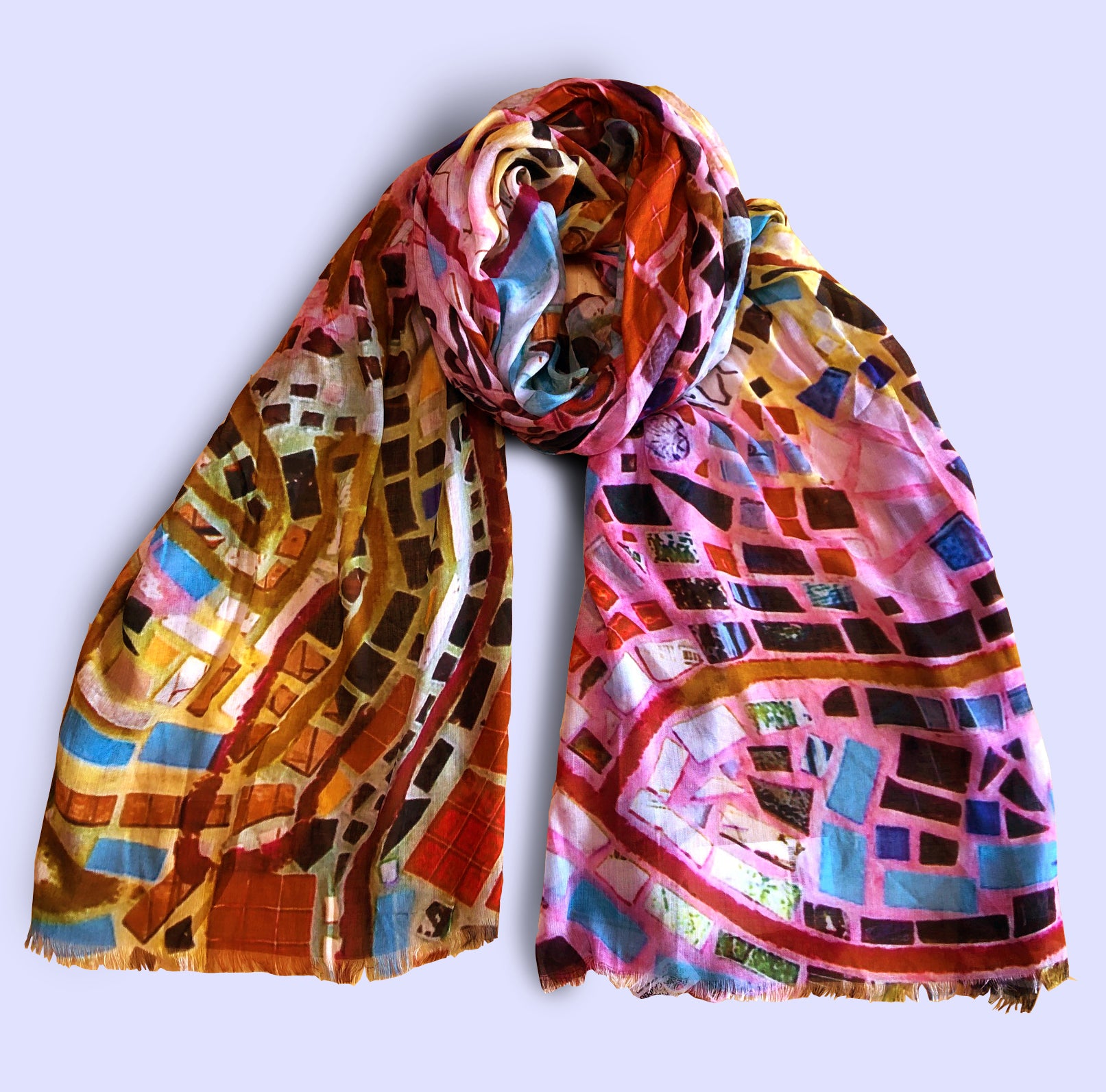 Colorful lightweight scarf with a mosaic pattern.