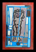 Framed mosaic with a central nude figure and tiles on blue grout with a red border.