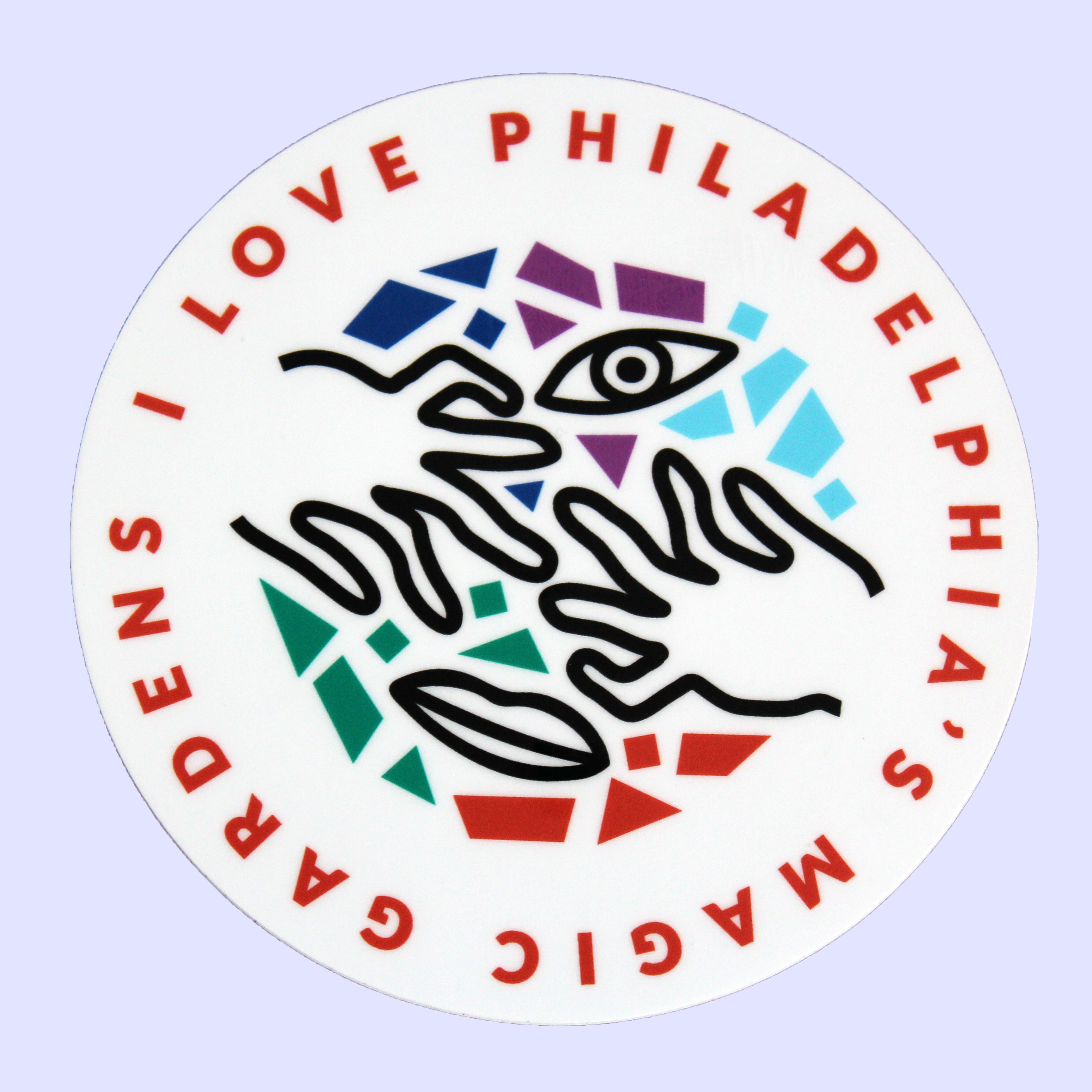 Circular sticker with 'I Love Philadelphia's Magic Gardens' text and PMG logo