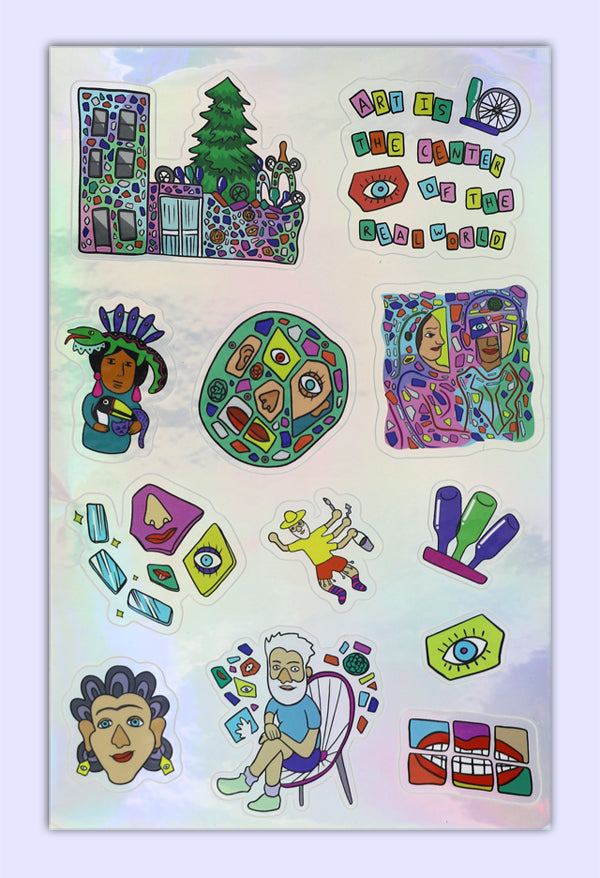 Holographic sticker sheet with colorful mosaic designs