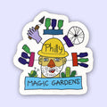 Sticker with a colorful design featuring Isaiah Zagar wearing a yellow hat and the text 'Philly Magic Gardens.'