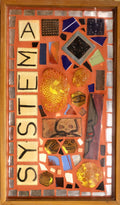 Framed mosaic mural with colorful tiles and the words "system A" on orange grout.