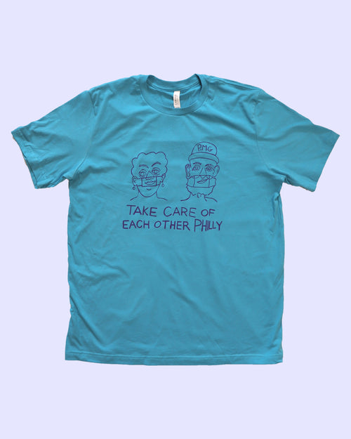Teal T-Shirt with purple line drawings of Isaiah and Julia Zagar. Text reads "Take Care of Each Other Philly".