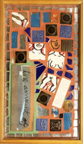 Framed mosaic with colorful tiles, some of which depict nude bodies, on orange grout.