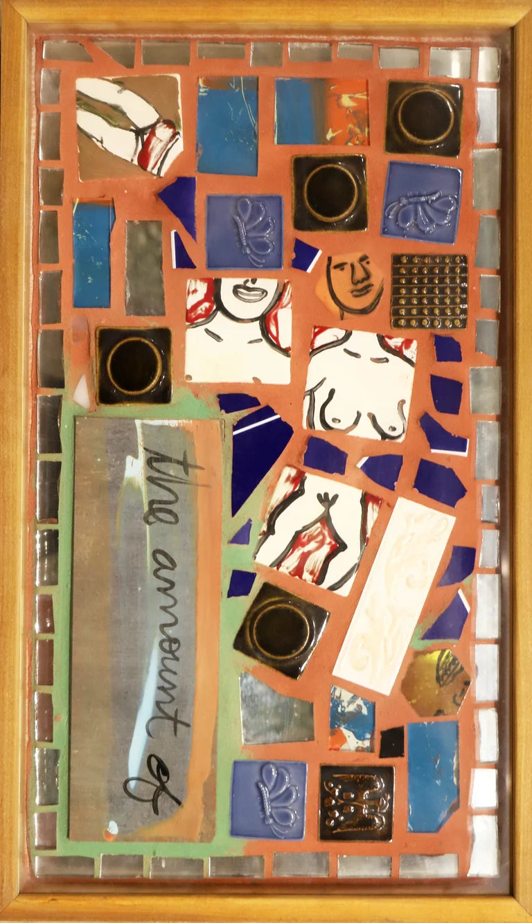 Framed mosaic with colorful tiles, some of which depict nude bodies, on orange grout.