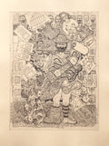Complex black & white etching of Isaiah Zagar surrounded by text and objects.