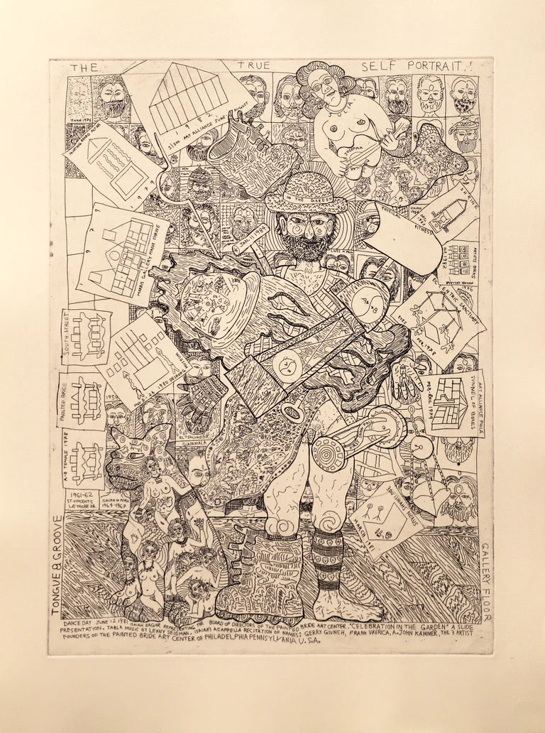 Complex black & white etching of Isaiah Zagar surrounded by text and objects.