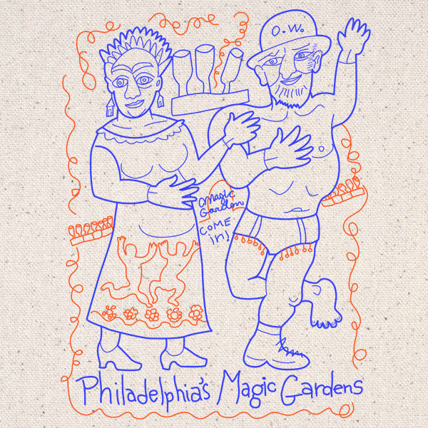 Illustration of Isaiah and Julia Zagar with text 'Philadelphia's Magic Gardens' on a textured beige background.