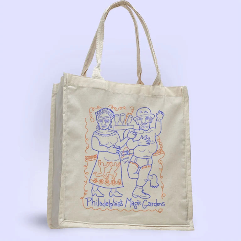 Beige tote bag with blue and red illustration of Isaiah and Julia Zagar and 'Philadelphia's Magic Gardens' text.