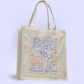 Beige tote bag with blue and red illustration of Isaiah and Julia Zagar and 'Philadelphia's Magic Gardens' text.