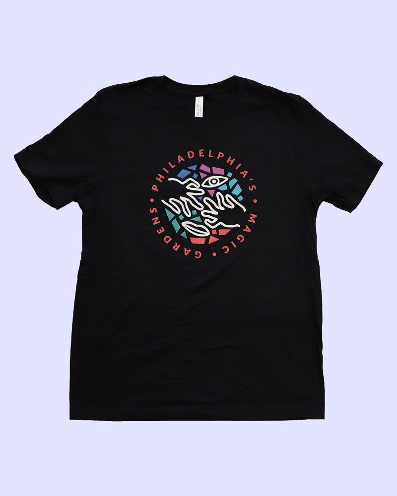 Black t-shirt featuring PMG's logo in color.