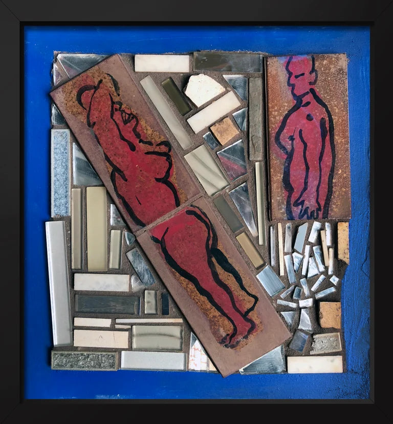 Framed mosaic featuring two figures in red with a blue border