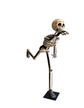 A papier-mâché skeleton model posed with one leg bent and the other raised.