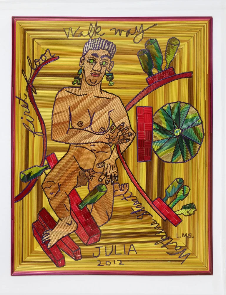 Straw painting of Julia Zagar with bottles and a bike wheel
