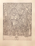 Black and white etching with mosaic pattern and faces