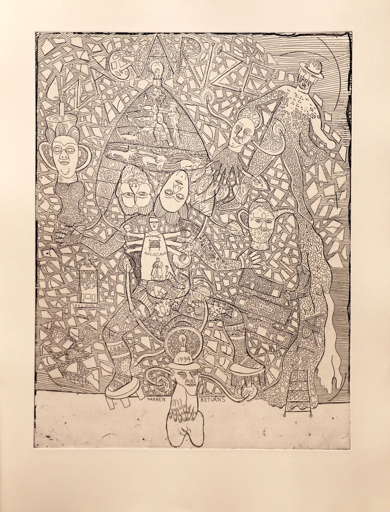Black and white etching with mosaic pattern and faces