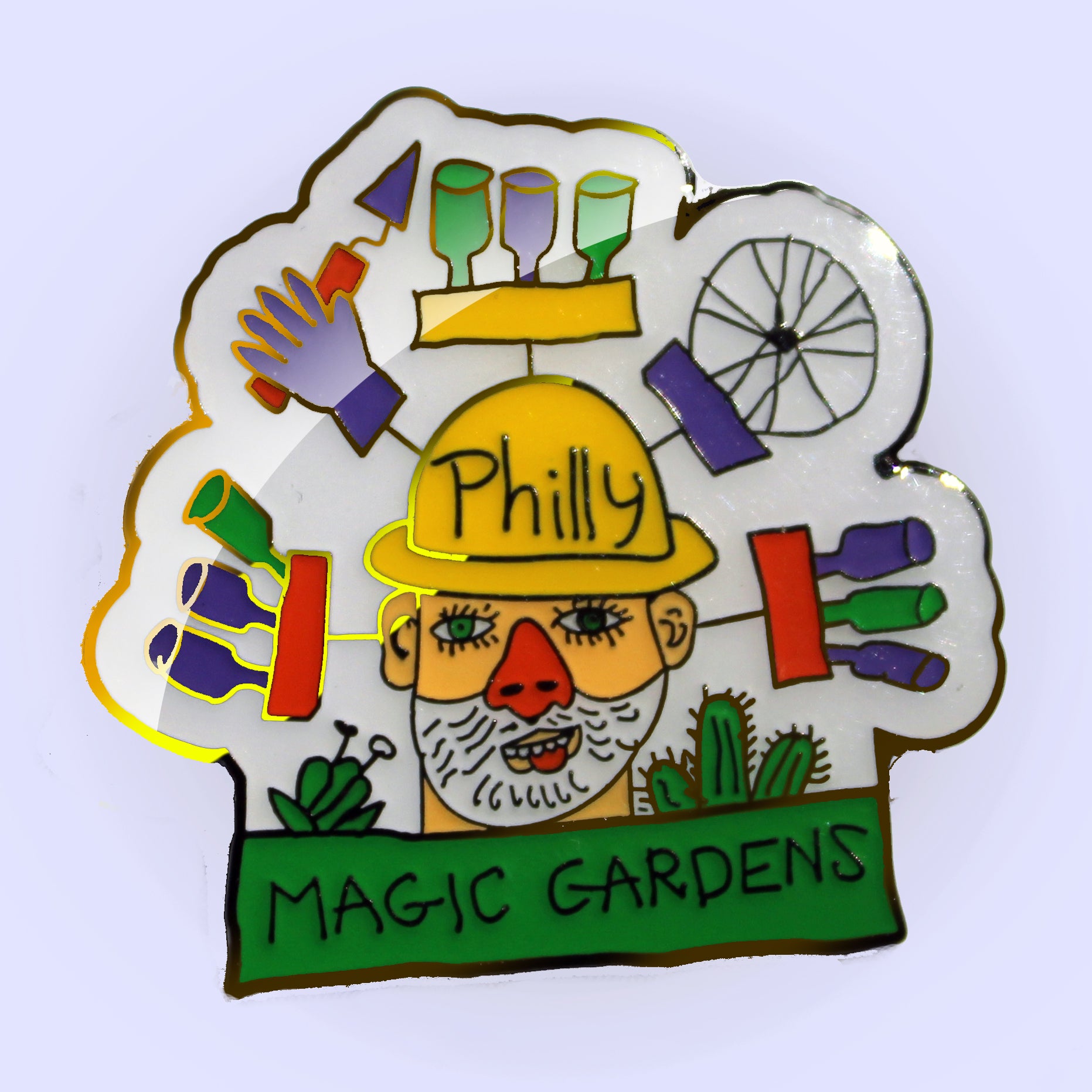 Enamel pin (1.25"x1.25") featuring a colorful, original drawing of and by PMG founding artist Isaiah Zagar.